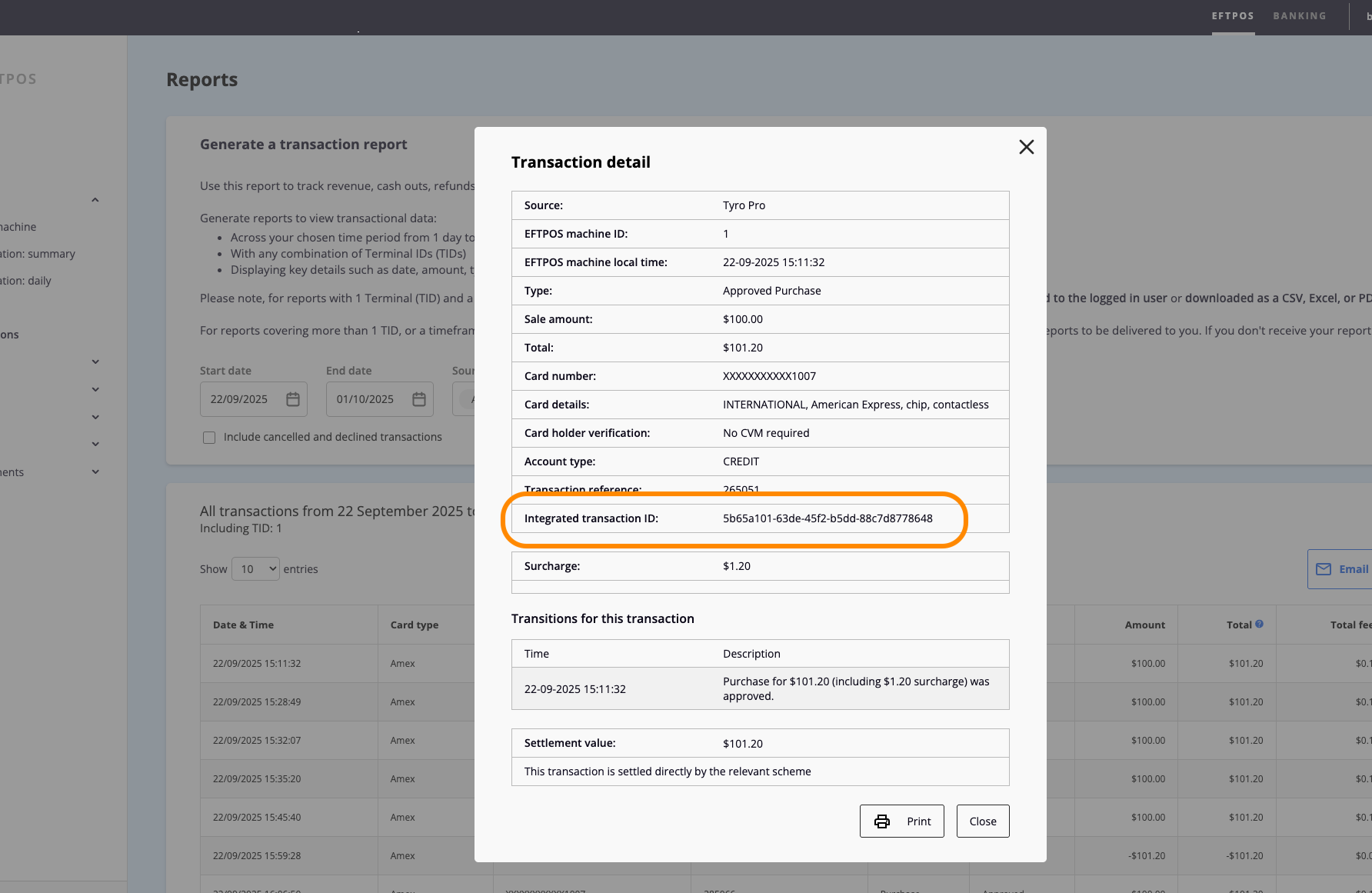 Tyro Portal Sample Transaction